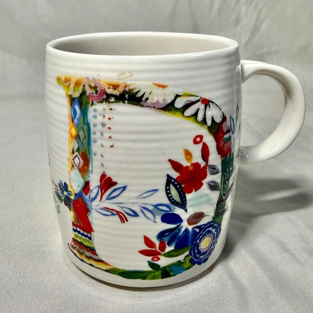 Anthropologie Starla Halfmann monogram mug letter D white floral folk art 12oz